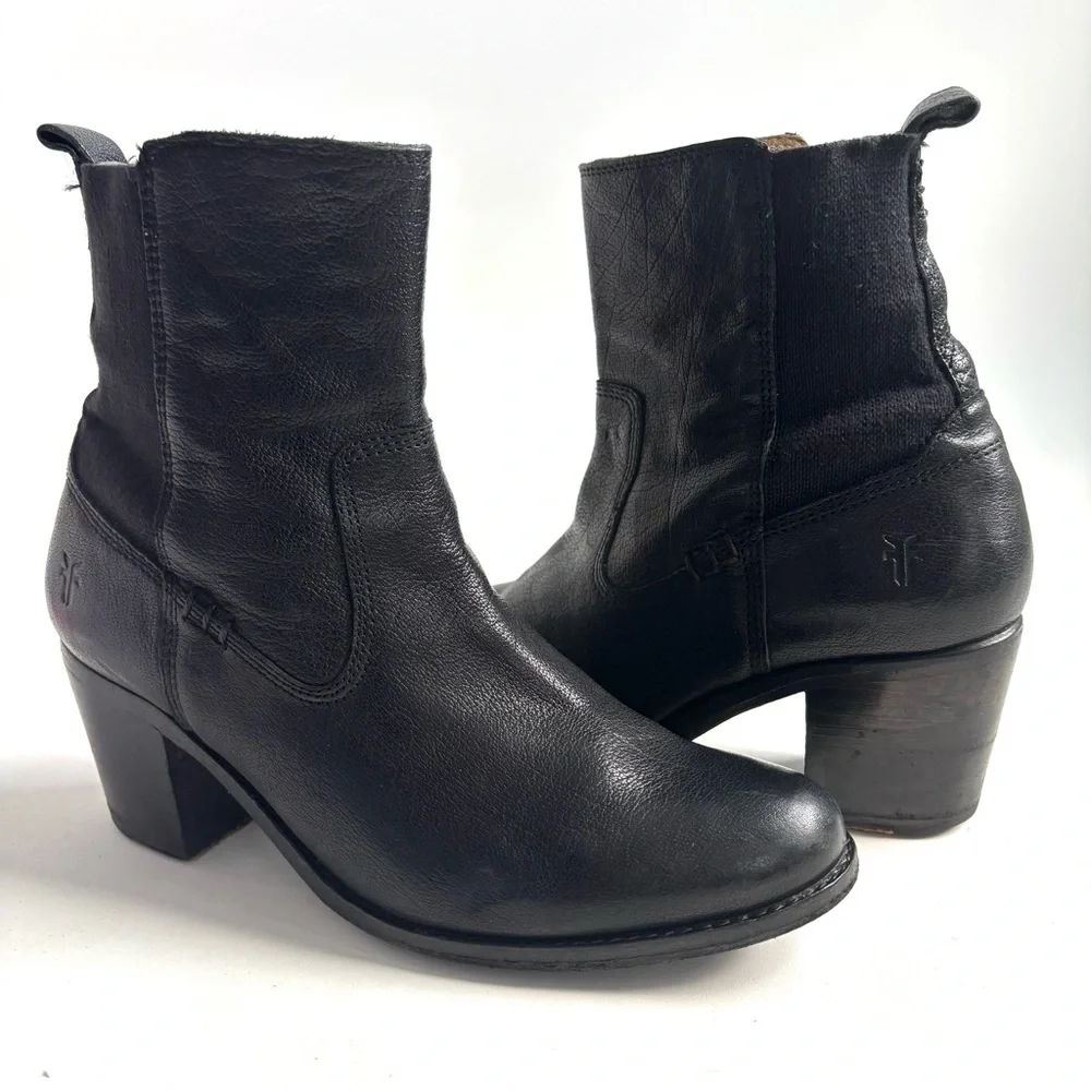 Frye Janis Gore Leather Ankle Boots Block Heels Pull On Black Size 8
